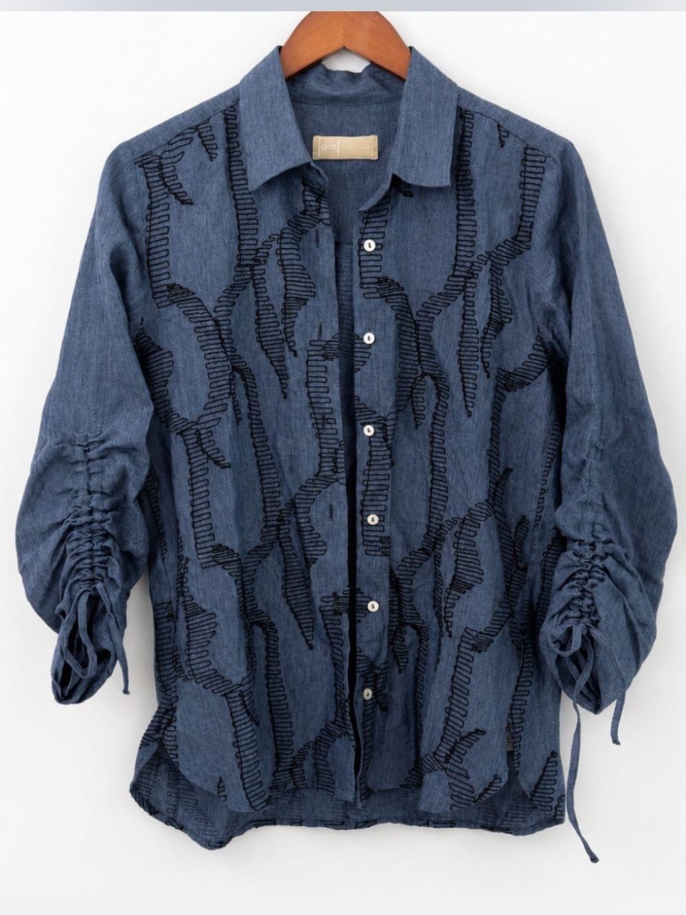 120% Lino Blue Flax Linen Button Front Ruched Sleeve Blouse Size XS Embroidered